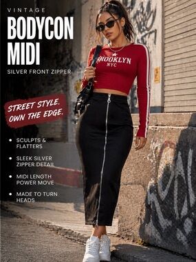 Black Bodycon Midi w/ Silver Front Zipper • Streetwear Y2K • Trendy Fitted Skirt